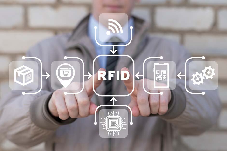 Man using virtual touchscreen presses acronym RFID. Concept of RFID - Radio Frequency Identification_573734602