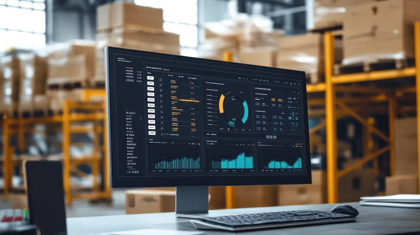 2 RFID Warehouse Mgmt Computer Monitor Displaying Data Analytics in a Warehouse Setting Adobe 953825535